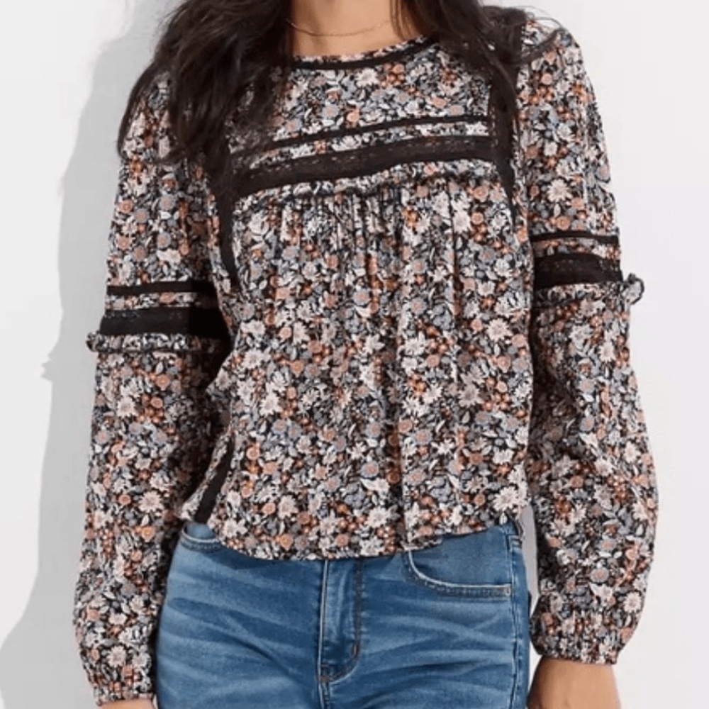 American Eagle‎ Floral Lace Trim Peasant Blouse Open Back Medium Black Multi